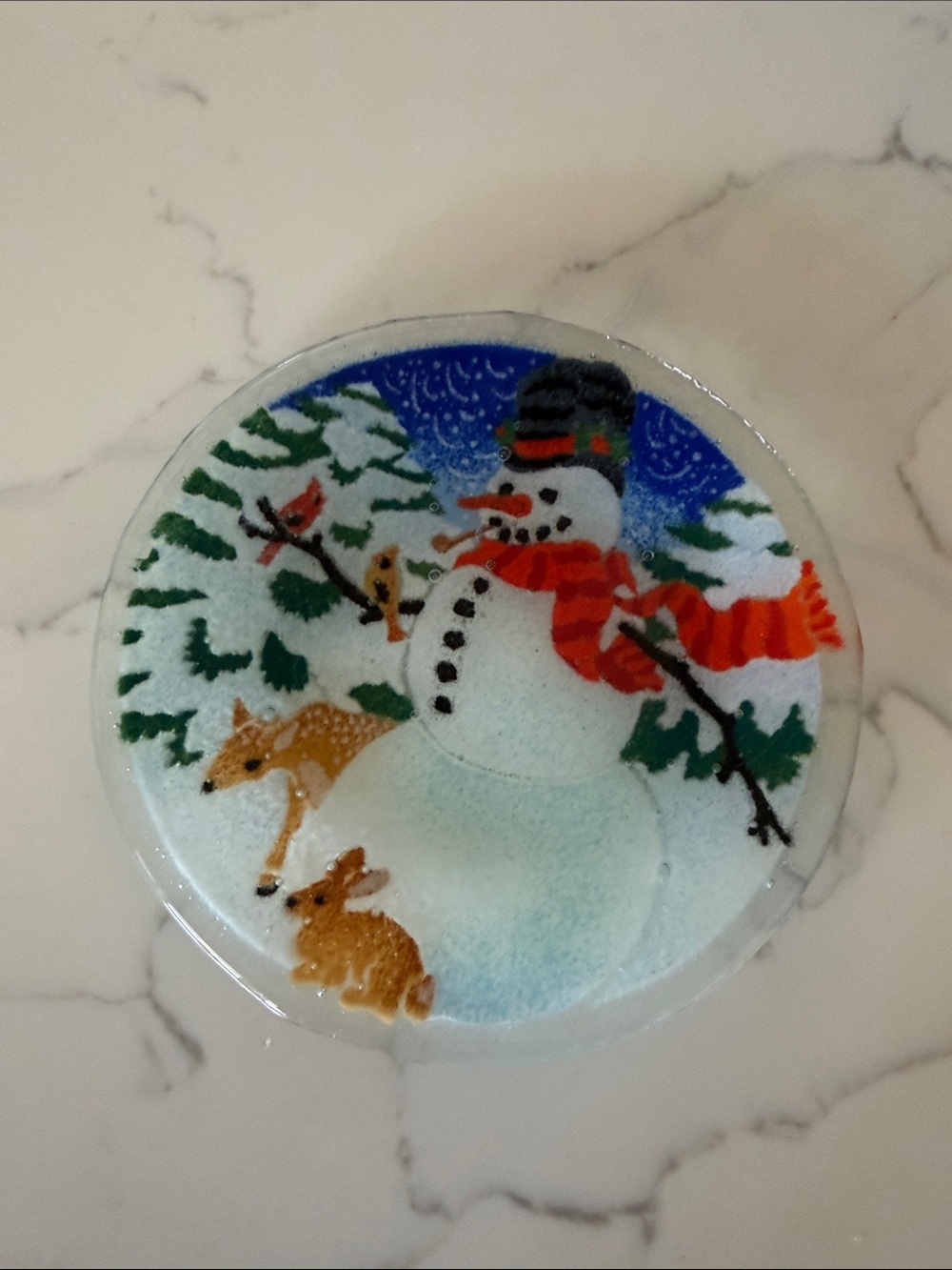 Peggy Karr glass!! Holiday plate with snowman and deer!